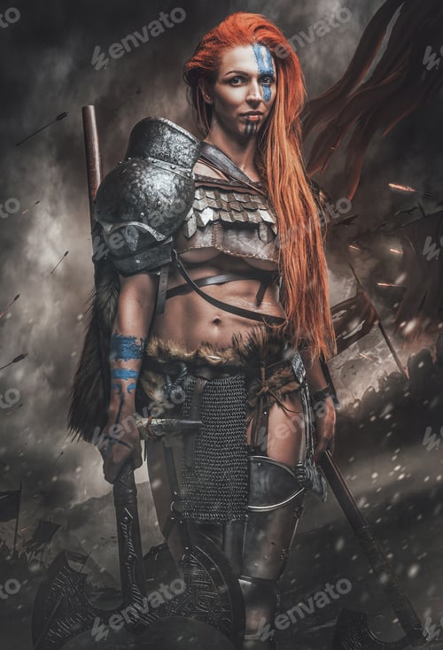 Preview: Nordic woman warrior with axes in battlefield