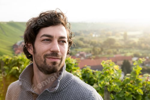 Preview: Germany, Bavaria, Volkach, portrait of winegrower in vineyard