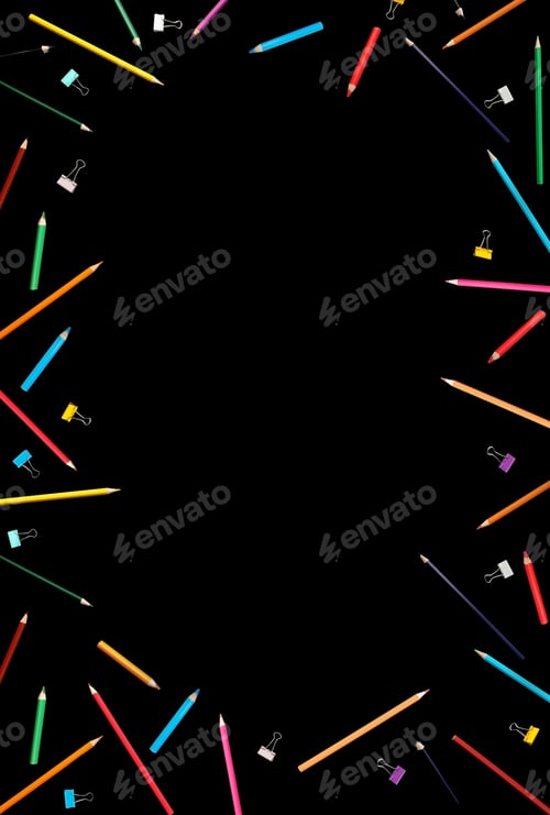 Preview: banner background colored pencils in chaotic order, paper clips with frame on black background
