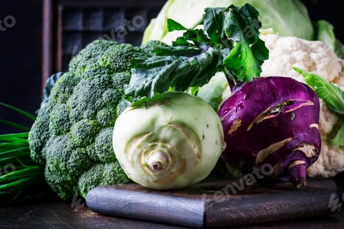 Preview: Different kinds of cabbage such as white cabbage, cauliflower, broccoli, kohlrabi