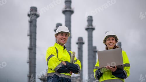 Preview: Engineers wearing safety gear, including hard hats examining survey a large blueprint tablet standin