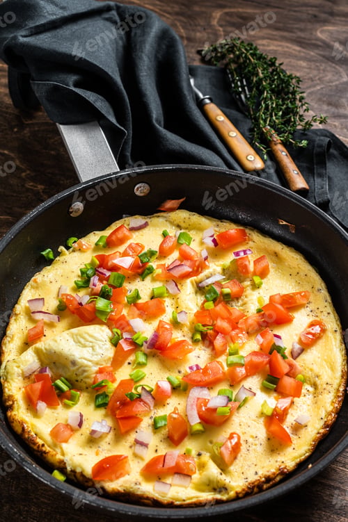 Preview: Healthy breakfast food, Stuffed egg omelet with vegetables in a skelet. Wooden background. Top view