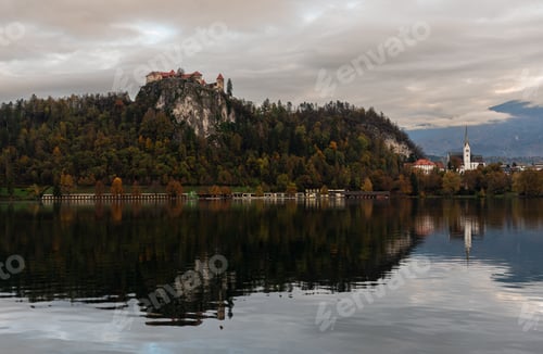 Preview: Lake bled and castle , slovenia, during a cloudy autumn day
