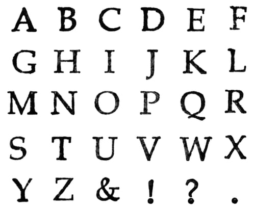 Preview: Reprints of stamps the English alphabetical uppercase, isolated on white background