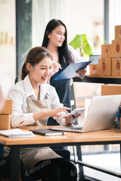 Preview: Small start-up business owners checking parcels at work, freelancers, salespeople, checking producti