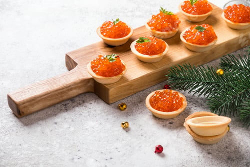 Preview: Christmas and New Year holidays composition. Red Salmon Caviar