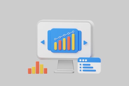 Visualização: Monitor de computador com gráfico de barras e janela do navegador