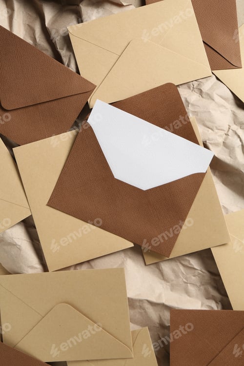 Preview: Blank invitation card and envelopes on parchment paper, flat lay