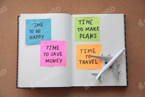 Preview: Travel and holiday trip planning in flat lay concept, plane on paper notepad with bright stickers.
