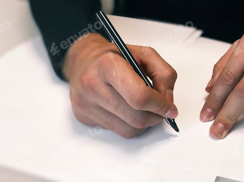 Preview: male hands writing on white paper