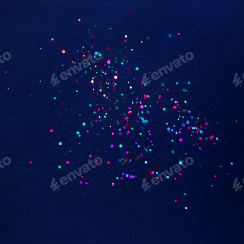 Preview: Colorful of confetti on blue background. Brilliant colored sequins. Holiday greeting card.
