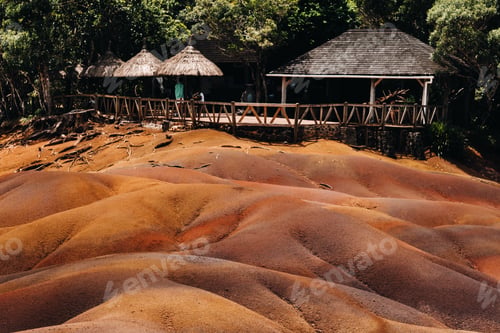 Preview: Seven colored earths in Mauritius, nature reserve, Chamarel. The green forest is behind us.Mauritius