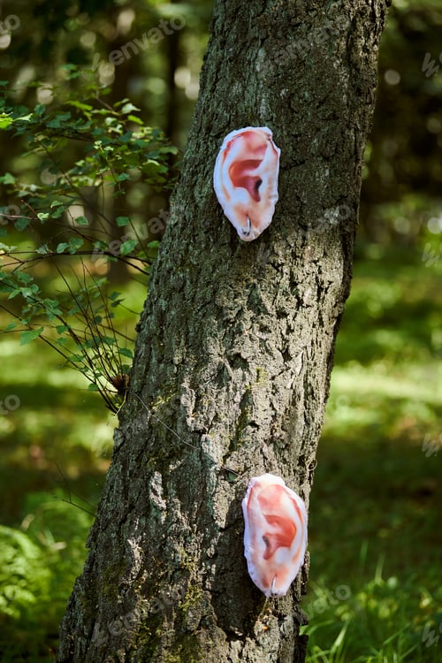 Preview: Art object of human ear on tree trunk in green forest background, trees hearing ecological concept