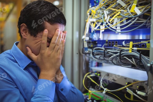 Preview: Technician Getting Stressed Over Server Maintenance In Server Room