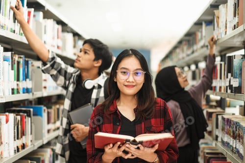 Preview: College female student is smiling while opening book at the library