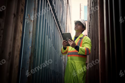 Preview: Worker assesses shipping containers in busy port area while using tablet during daylight