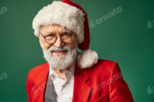 Preview: elegant bearded Santa with red hat and glasses smiling cheerfully at camera, Christmas concept