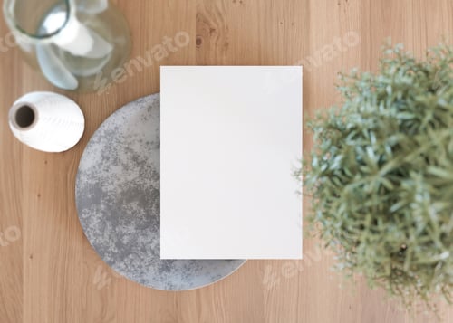 Preview: White vertical flyer mock up with home accessories on the table. Paper sheet, blank template