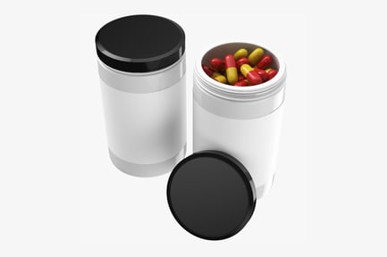 Preview: Medicine Pills Bottle, White Cylindrical Containers with Red and Yellow Capsules
