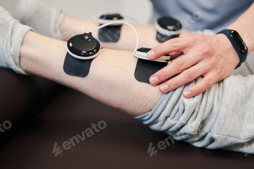 Preview: Hand of manual therapist pressing button on stimulation module
