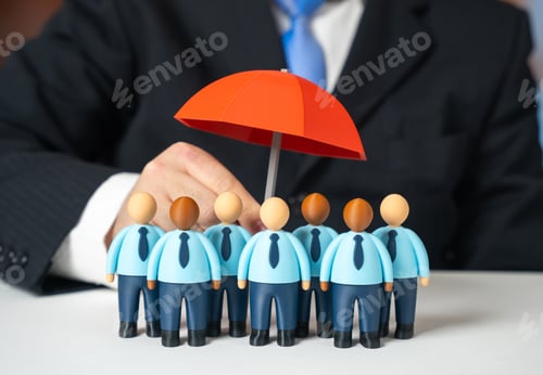 Preview: Business team insurance. Investor protection. Businessmen under an umbrella