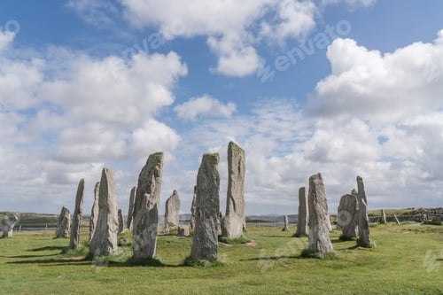 Preview: Cloudy blue sky over the Stone circle on Isle of Lewis in Scotland