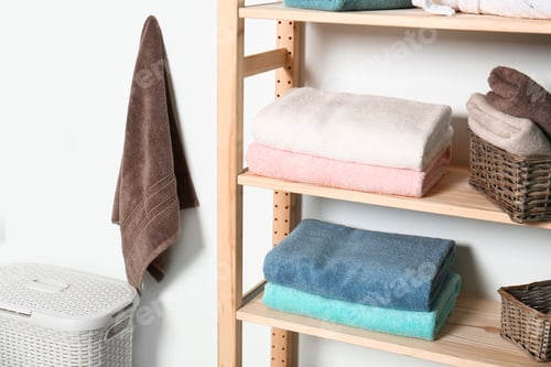 Preview: Shelving unit with clean towels near white wall in modern bathroom interior