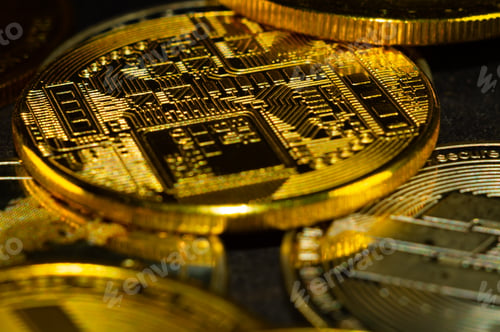 Preview: Closeup shot of bitcoins. Digital currency.