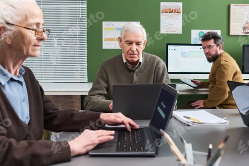 Preview: Senior Caucasian Woman and Men Developing Computer Literacy Skills on Laptops