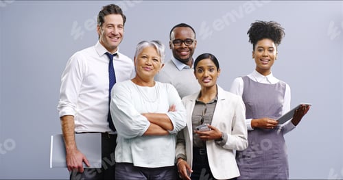Preview: Business people, portrait and studio for team solidarity, collaboration and tech on gray background