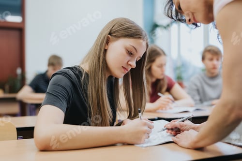Preview: Teenage girl sitting at the table during math class at school