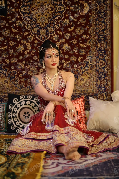 Preview: harming young woman wearing traditional saree, indoor