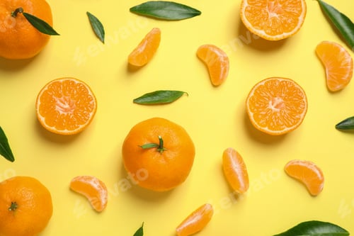 Preview: Flat lay composition with fresh ripe tangerines and leaves on light yellow background. Citrus fruit