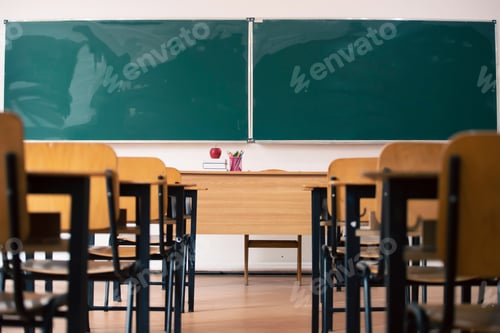 Preview: Classroom with Wooden Chairs and Green Chalkboard