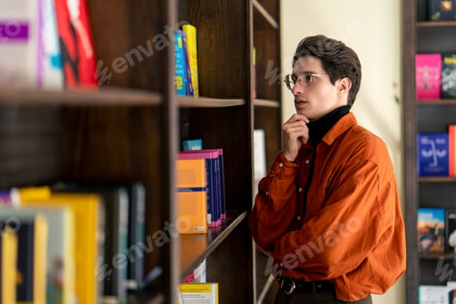Preview: young guy in glasses stands near the bookshelves thoughtfully chooses a book in university library