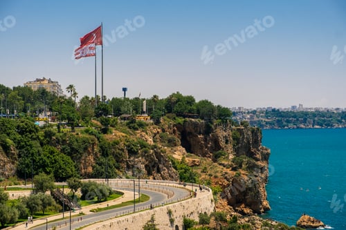 Preview: Aerial view of scenic and popular beach in Antalya resort town