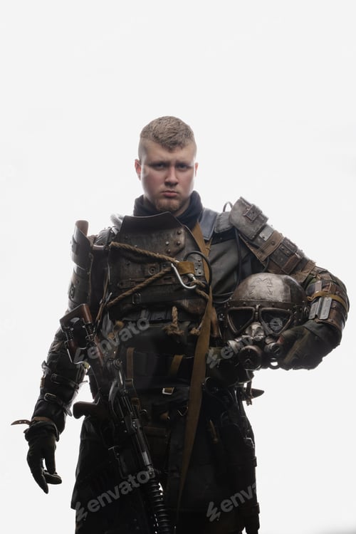 Preview: Military soldier in spirit of post apocalypse holding gas mask