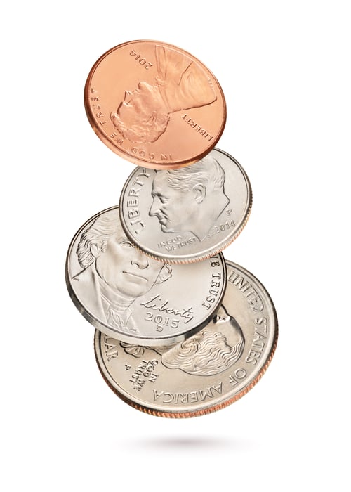 Preview: Flying coin stack with US cents isolated in white background