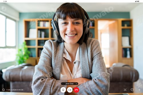 Preview: Business woman on a video call with headphones.