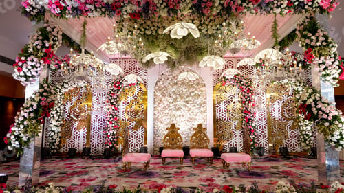 Preview: Outdoor wedding stage adorned with chairs, flowers, and lights