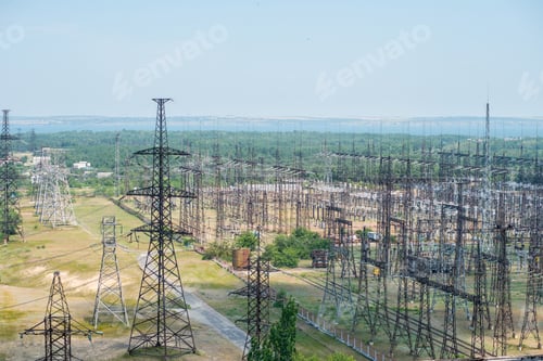 Preview: A lot of high-voltage power lines on the territory of the Thermal Power Plant outdoor