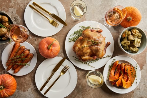 Preview: top view of festive dinner with grilled turkey and baked vegetables served on stone surface