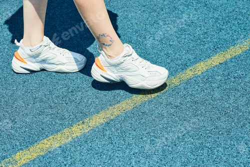 Preview: Woman wearing white sneakers on blue background