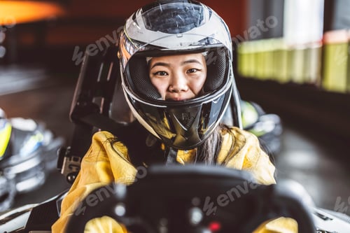 Preview: Female Go-Kart Racer in Helmet Ready to Compete