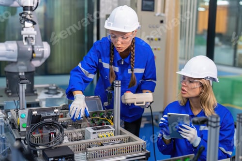 Preview: Female robotic factory workers use tablet pc quality checking Circuit Boards after assembly