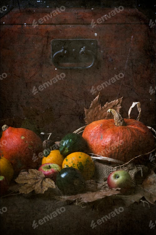 Preview: Pumpkins and Apples in Dark and Rustic Setting