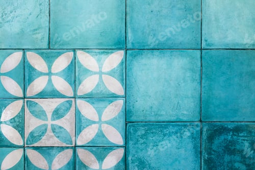 Preview: Shabby blue square tile on floor. Turkish or moroccan vintage style ornament