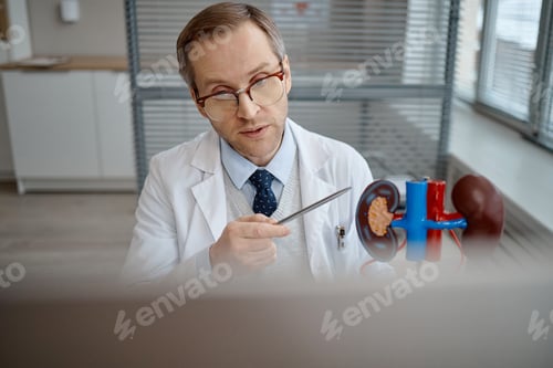 Preview: Middle Aged Caucasian Male Urologist Explaining Kidney Anatomy Model