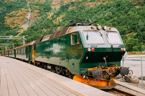 Preview: Flam, Norway. Famous Railroad Flamsbahn. Green Norwegian Train N