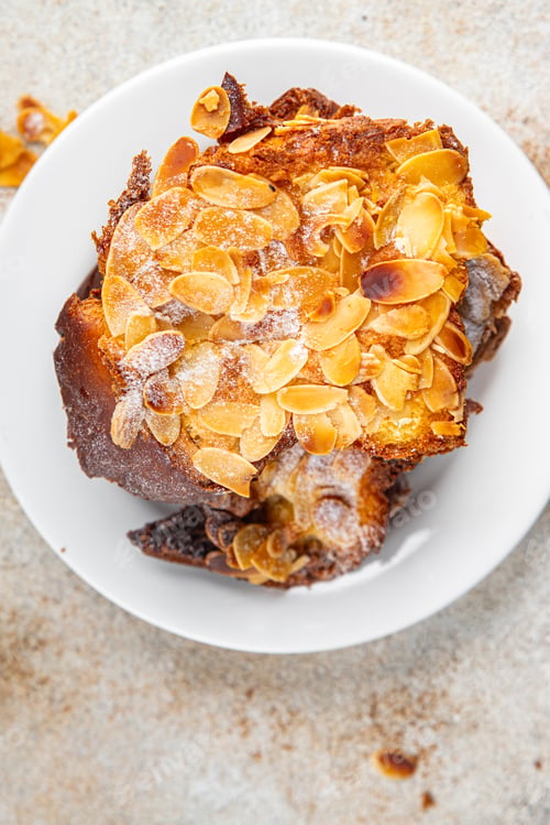 Preview: Brioche sweet almond french toast fresh tasty food dish delicious gourmet food background